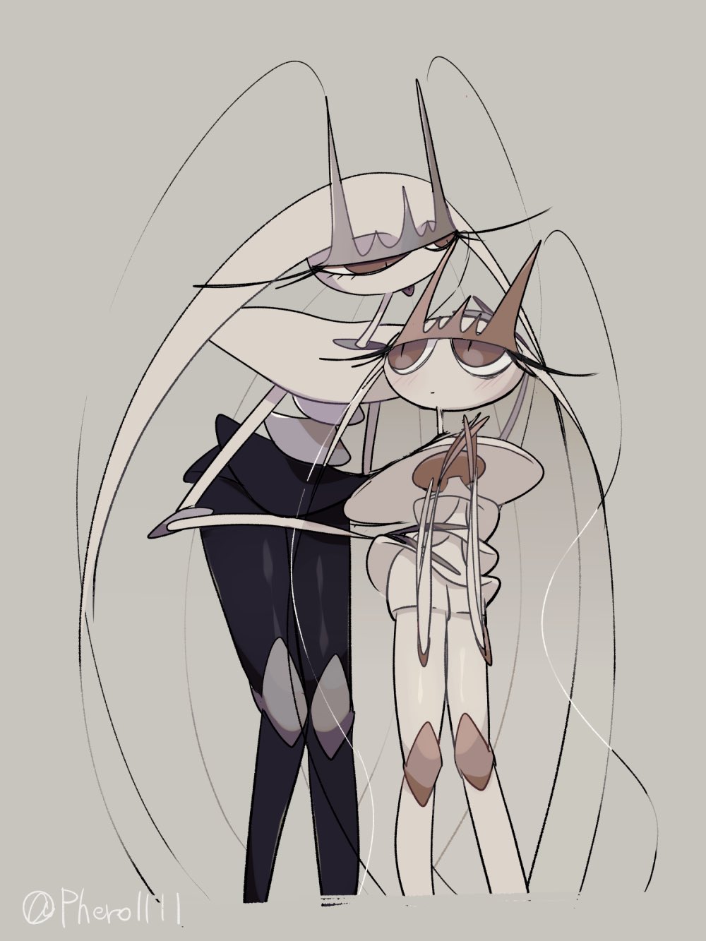 :p, a-nya, alternate_color, antennae, blush, colored_skin, cropped_legs, grey_background, hand_on_another's_hip, highres, long_eyelashes, long_hair, looking_at_another, own_hands_together, pheromosa, pokemon, pokemon_(creature), shiny_pokemon, slit_pupils, tongue, tongue_out, twitter_username, white_skin