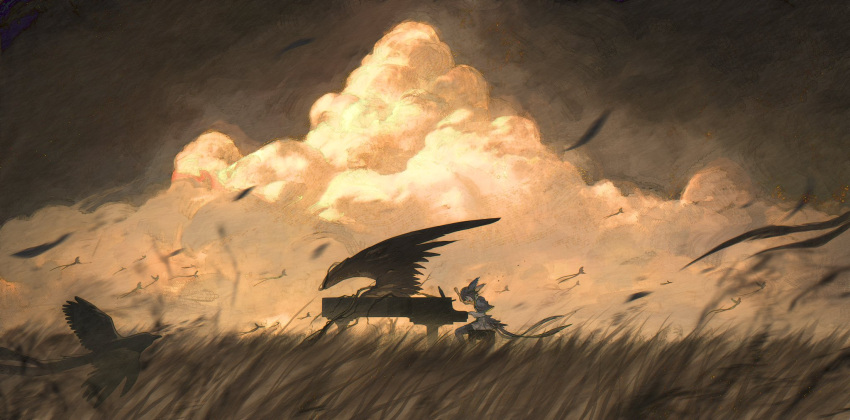 1girl, bird, bird_girl, bird_tail, bird_wings, brown_sky, clouds, cloudy_sky