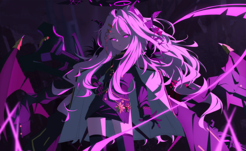 1girl, absurdres, black_gloves, black_horns, blue_archive, coat, coat_on_shoulders, demon_girl
