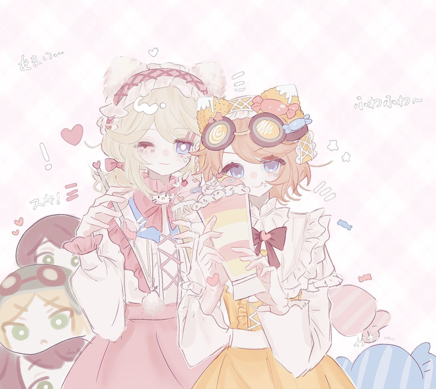 !, 2girls, :3, :q, ;3, animal_ears, blonde_hair, blue_eyes, blush, bow, bright_pupils, brown_bow, brown_hair, candy, cat_ears, center_frills, character_doll, cherry, closed_mouth, cross-laced_clothes, cross-laced_dress, dress, emma_woods, emma_woods_(hello_kitty_dream), eyes_visible_through_hair, facial_mark, fake_animal_ears, food, food_on_face, frilled_dress, frilled_hairband, frilled_sleeves, frills, fruit, goggles, goggles_on_head, hair_bow, hair_ornament, hairband, hairclip, heart, hello_kitty, hello_kitty_(character), highres, holding, holding_food, holding_ice_cream, holding_spoon, ice_cream, identity_v, kakki0211, long_hair, long_sleeves, looking_at_viewer, multiple_girls, one_eye_closed, orange_dress, orange_hairband, parfait, pink_bow, pink_hairband, pink_skirt, puffy_sleeves, sanrio, shirt, short_hair, simple_background, skirt, smile, spoon, sprinkles, star_(symbol), stuffed_toy, swept_bangs, tongue, tongue_out, tracy_reznik, tracy_reznik_(candy_girl), white_background, white_pupils, white_shirt