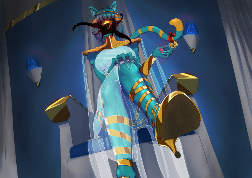 1girl, absurdres, animal_ears, aqua_hair, aqua_skin, breasts, cat_ears, catalexy, cthulhu_mythos, dress, furry, furry_female, high_heels, highres, large_breasts, looking_at_viewer, medium_hair, nyanlathotep, one-eyed, see-through_clothes, see-through_dress, solo, sucker_for_love, white_dress