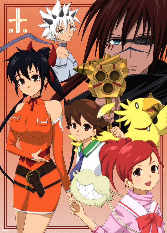 2girls, 3boys, anniversary, bare_shoulders, black_hair, blue_eyes, blue_necktie, bow, brown_eyes, brown_hair, chobi, chocobo, commentary_request, detached_sleeves, feather_hair_ornament, feathers, final_fantasy, final_fantasy_unlimited, green_eyes, hair_ornament, hayakawa_ai, hayakawa_yuu, holding, holding_weapon, kuroki_kaze, lisa_pacifist, miqture, multiple_boys, multiple_girls, necktie, open_mouth, pochepocket, red_bow, redhead, sailor_collar, shiroi_kumo, simple_background, smile, weapon, white_hair