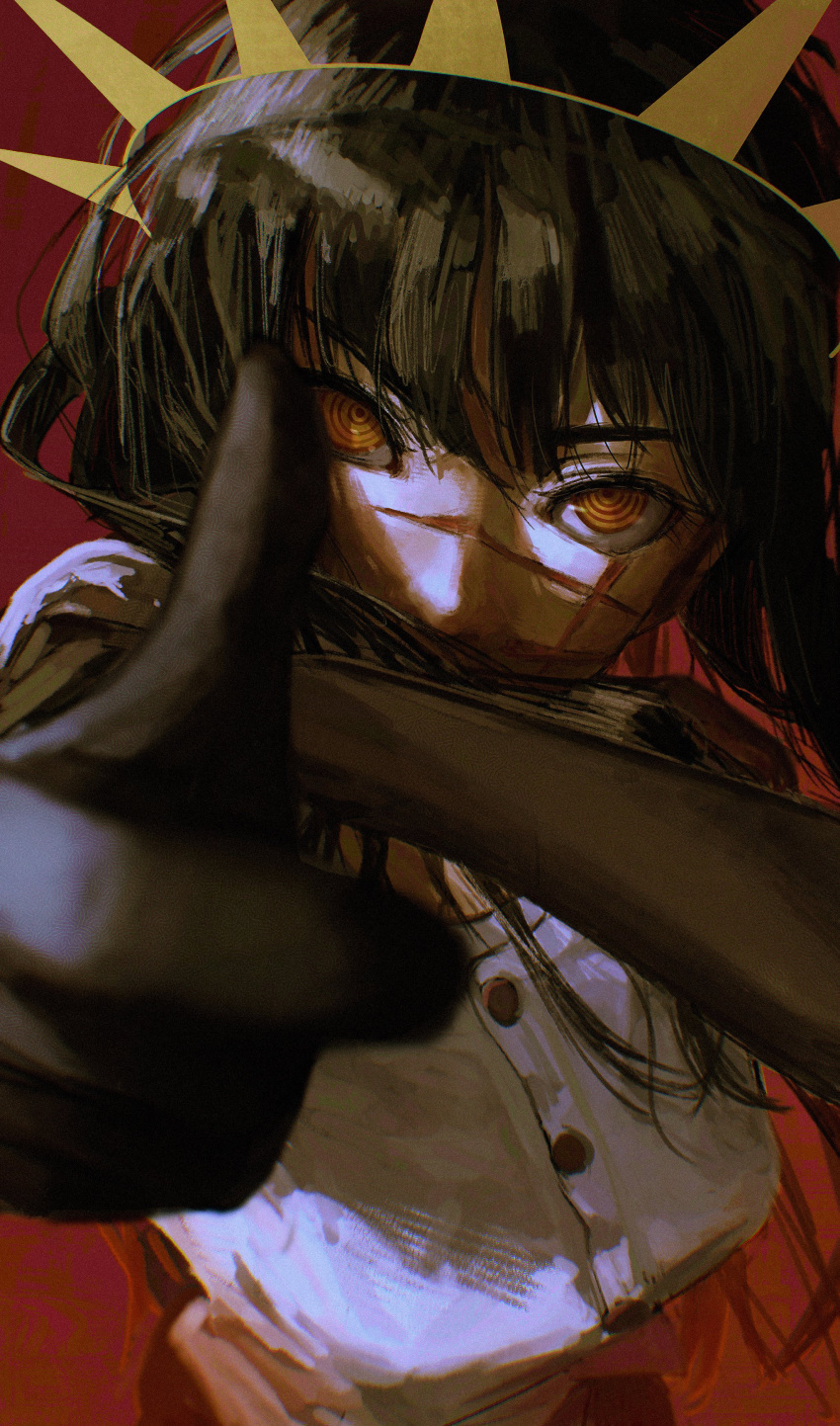 1girl, 240_ron, absurdres, arm_garter, black_arm_garter, black_hair, chainsaw_man, finger_gun