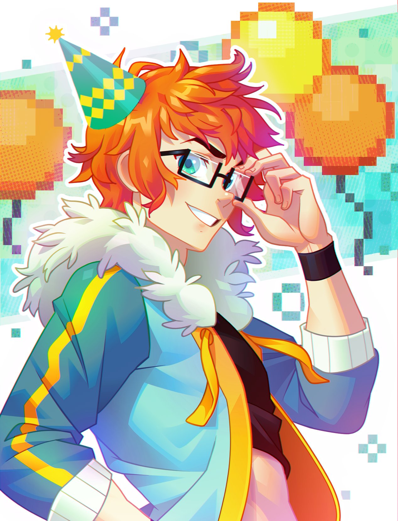 1boy, anon_(blush_blush), balloon, birthday, black_shirt, black_wristband, blue_eyes, blue_jacket, blush_blush, english_commentary, fur-trimmed_jacket, fur_trim, glasses, hat, highres, jacket, male_focus, official_art, orange_eyes, party_hat, sad_panda_studios, shirt, smile