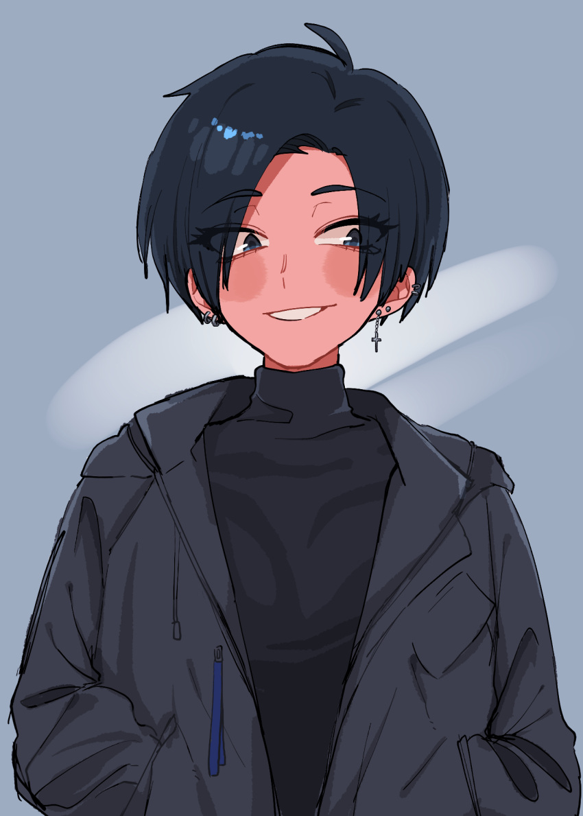 1girl, ahoge, alexkota1115, black_hair, black_jacket, black_sweater, blue_background, ear_piercing