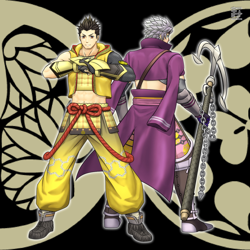 2boys, abs, anchor, armor, asymmetrical_sleeves, back-to-back, black_background, blue_eyes