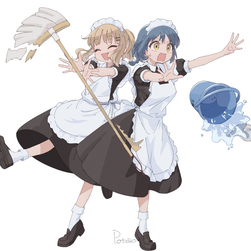 2girls, apron, black_footwear, blonde_hair, blue_hair, blush, closed_eyes, dress