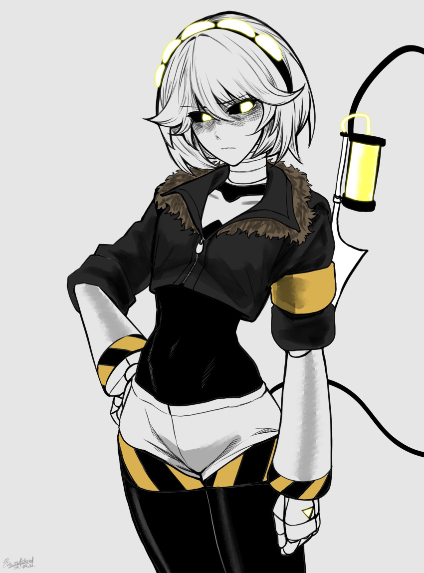 1girl, absurdres, android, arm_at_side, armband, averting_eyes, black_hairband, black_jacket, black_sclera, black_thighhighs, cable, cable_tail, closed_mouth, collarbone, colored_sclera, cowboy_shot, cropped_jacket, dated, embarrassed, english_commentary, frown, fur-trimmed_jacket, fur_trim, grey_background, grey_hair, grey_shorts, hair_between_eyes, hairband, hand_on_own_hip, highres, jacket, legs_together, m4sked, mechanical_tail, murder_drones, short_hair, short_shorts, short_sleeves, shorts, signature, simple_background, solo, standing, tail, thigh-highs, toned, toned_female, v_(murder_drones), white_shorts, yellow_armband, yellow_eyes, yellow_pupils