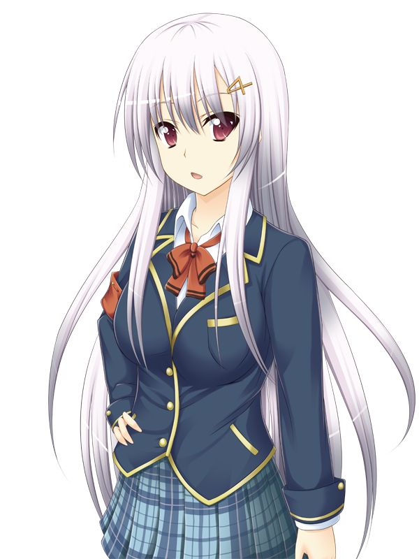 hair_ornament, hand_on_hip, long_hair, open_mouth, original, purple_eyes, purple_hair, school_uniform