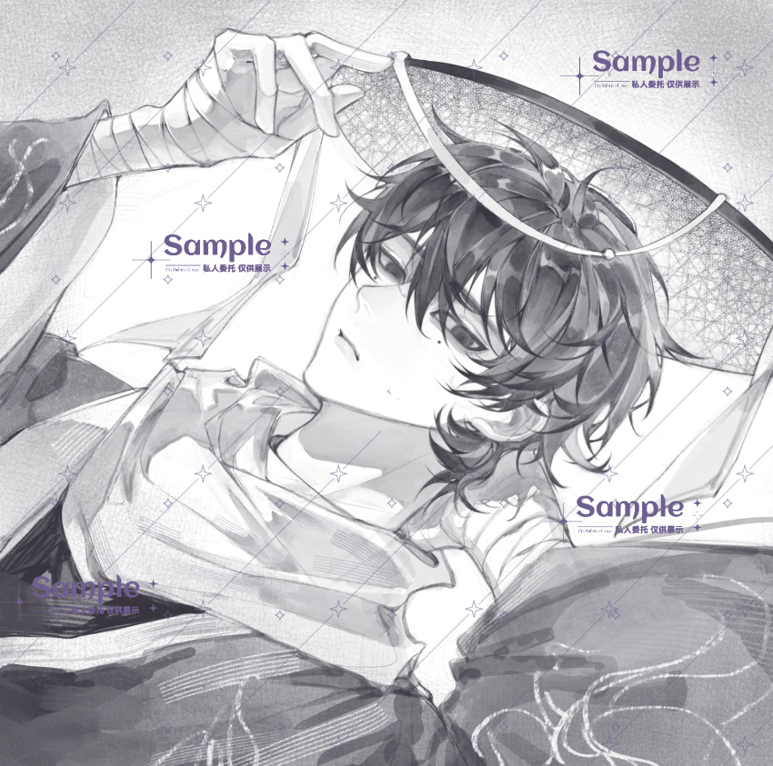 1boy, bandaged_arm, bandages, cen_boyao, chinese_commentary, closed_mouth, commentary_request, dutch_angle, greyscale, hand_on_headwear, hand_on_own_neck, highres, huayangshan_jishi, long_sleeves, male_focus, mole, mole_under_each_eye, mole_under_eye, monochrome, mouqi799, multiple_moles, sample_watermark, scarf, short_hair, solo, watermark, wide_sleeves