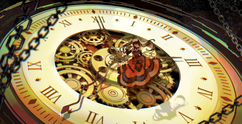 1girl, analog_clock, astral_dress, black_hair, chain, chinese_commentary, clock, commentary_request, date_a_live, dress, gears, gothic_lolita, gun, gun_to_head, hairband, highres, holding, holding_gun, holding_weapon, hoxi_(user_wsax3424), lolita_fashion, orange_dress, red_dress, red_hairband, roman_numeral, shadow, solo, standing, tokisaki_kurumi, twintails, weapon, wide_shot