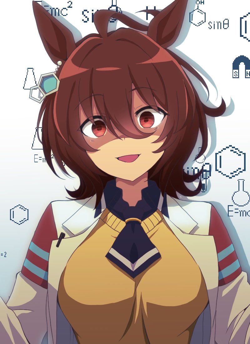 1girl, agnes_tachyon_(umamusume), ahoge, animal_ears, black_shirt, breasts, brown_hair, chemical_structure