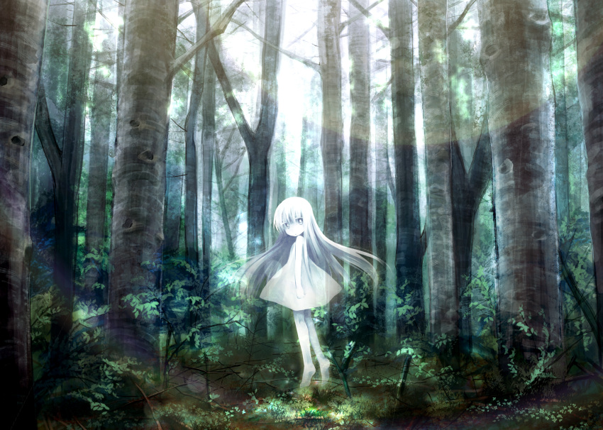 1girl, barefoot, branch, colored_skin, commentary_request, day, dress, floating