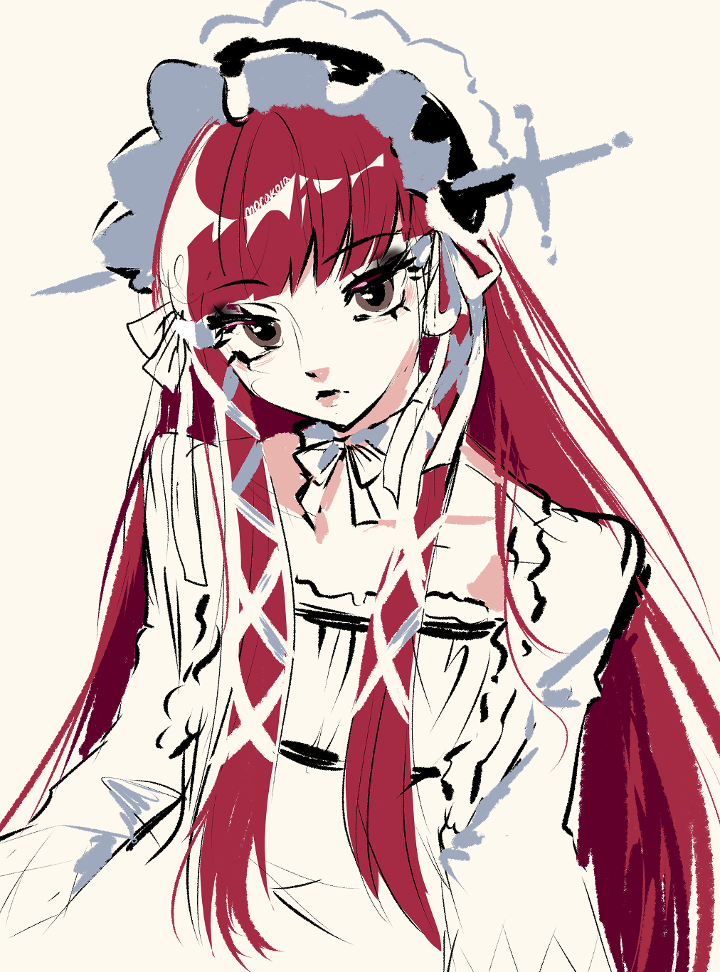 1girl, collarbone, commentary, dress, english_commentary, frilled_headband, hair_ribbon, highres