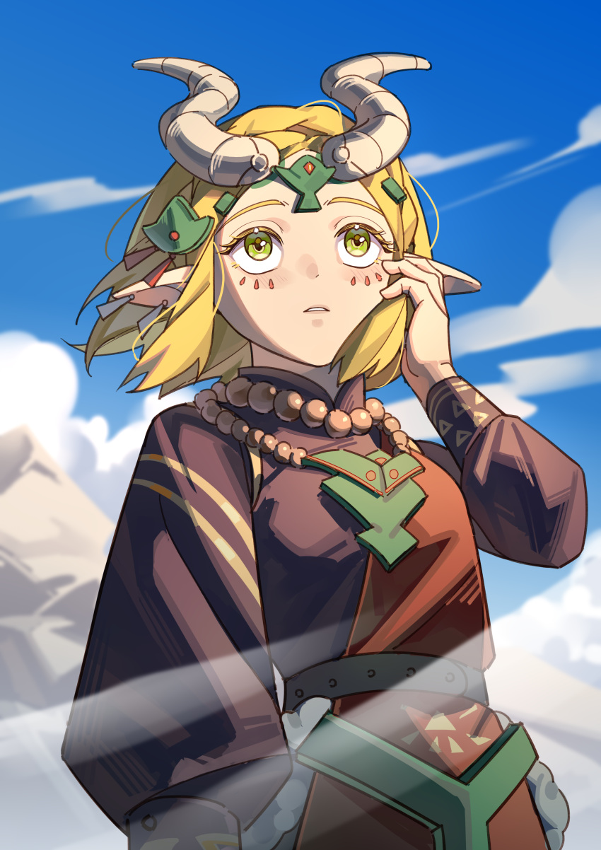 1girl, absurdres, alternate_costume, blonde_hair, clouds, cloudy_sky, dragon_horns, ember_set_(zelda)