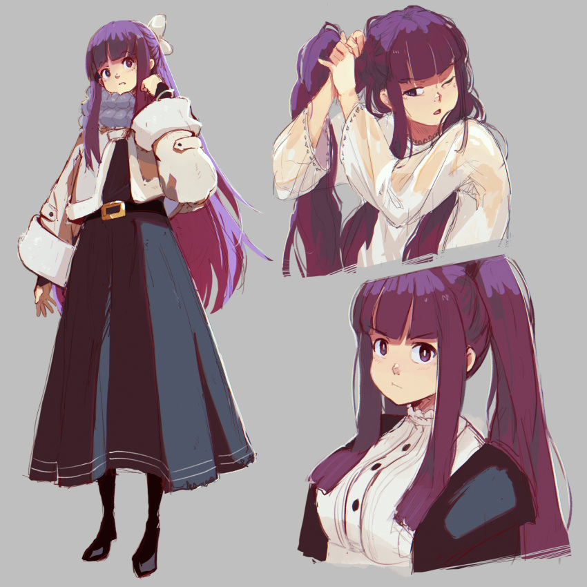 1girl, ;o, absurdres, adjusting_hair, belt, black_belt, black_dress, black_footwear, blunt_bangs, bow, dress, eccomicco, fern_(sousou_no_frieren), full_body, fur-trimmed_jacket, fur_trim, grey_background, hair_bow, highres, jacket, long_hair, long_sleeves, multiple_views, one_eye_closed, open_clothes, open_jacket, pout, purple_hair, simple_background, smile, sousou_no_frieren, tail, teeth, twintails, violet_eyes, white_bow, wide_sleeves