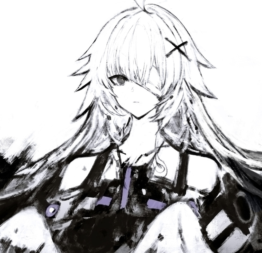 1girl, ahoge, bare_shoulders, grey_eyes, greyscale, hair_ornament, highres, long_hair