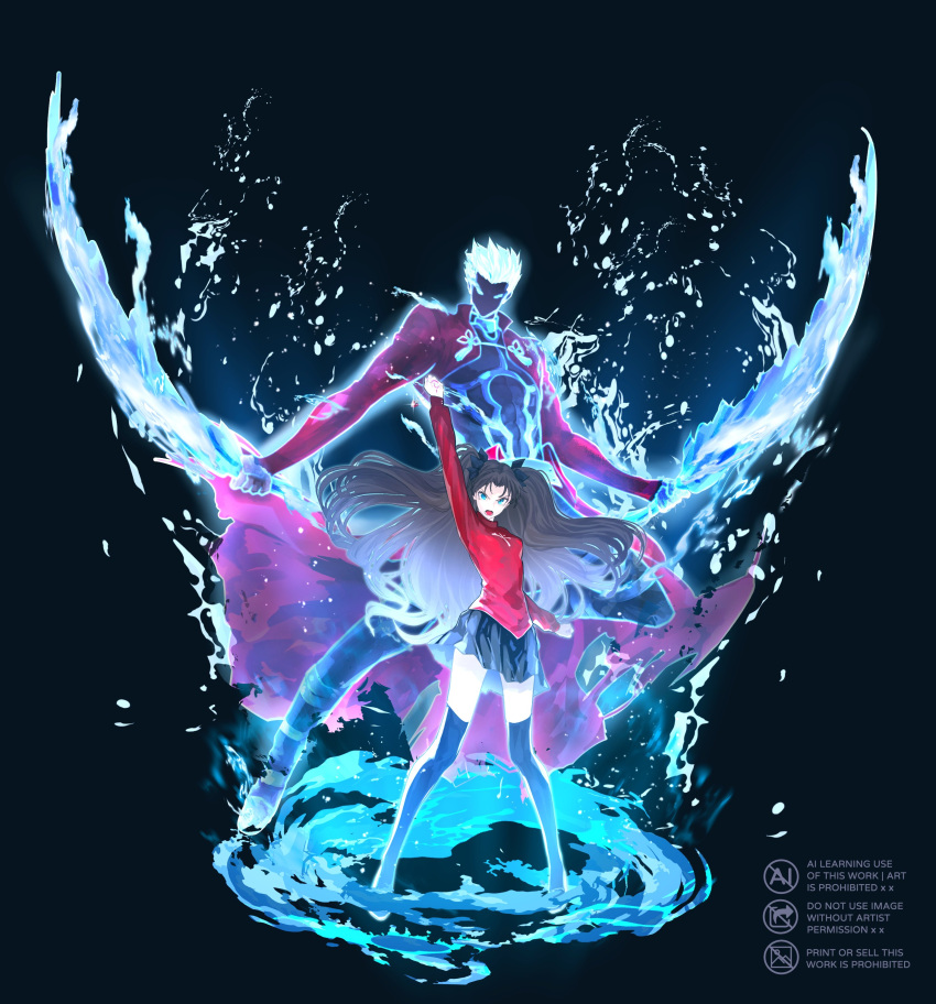 1boy, 1girl, absurdres, aqua_eyes, archer_(fate), black_hair, black_shirt, black_thighhighs