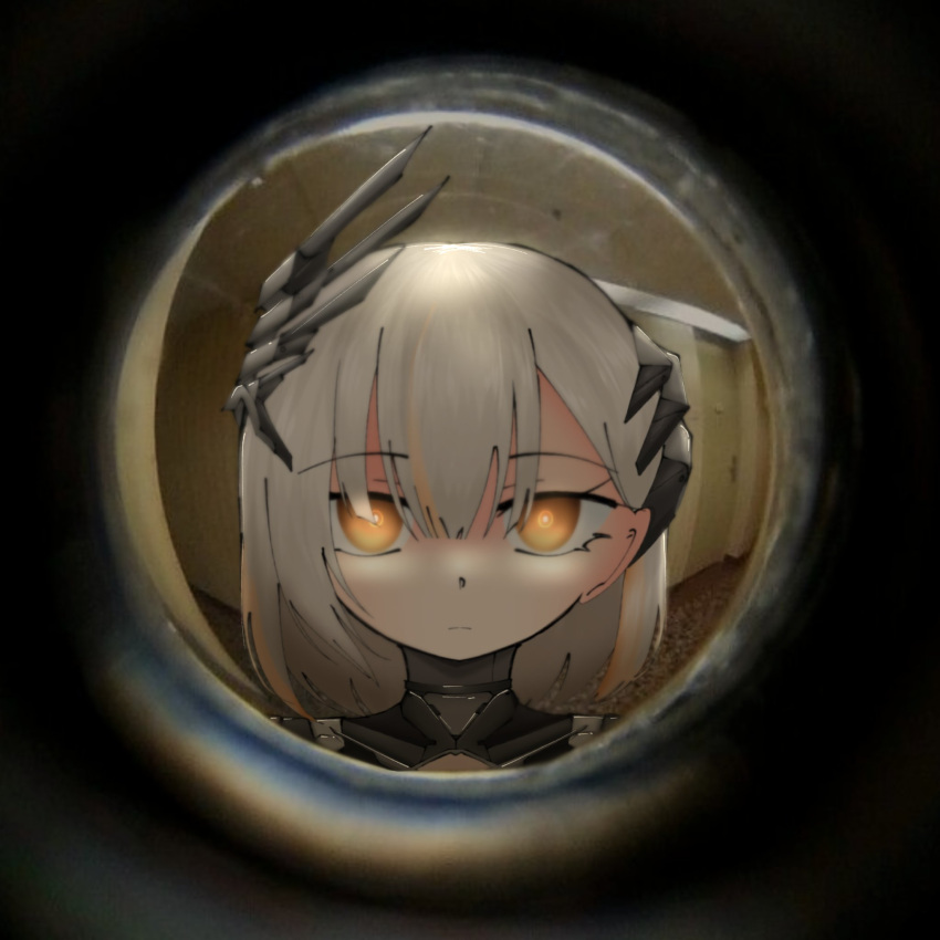 1girl, asymmetrical_hair, cinderelik_(punishing:_gray_raven), fisheye, grey_hair, hair_between_eyes, headgear, highres