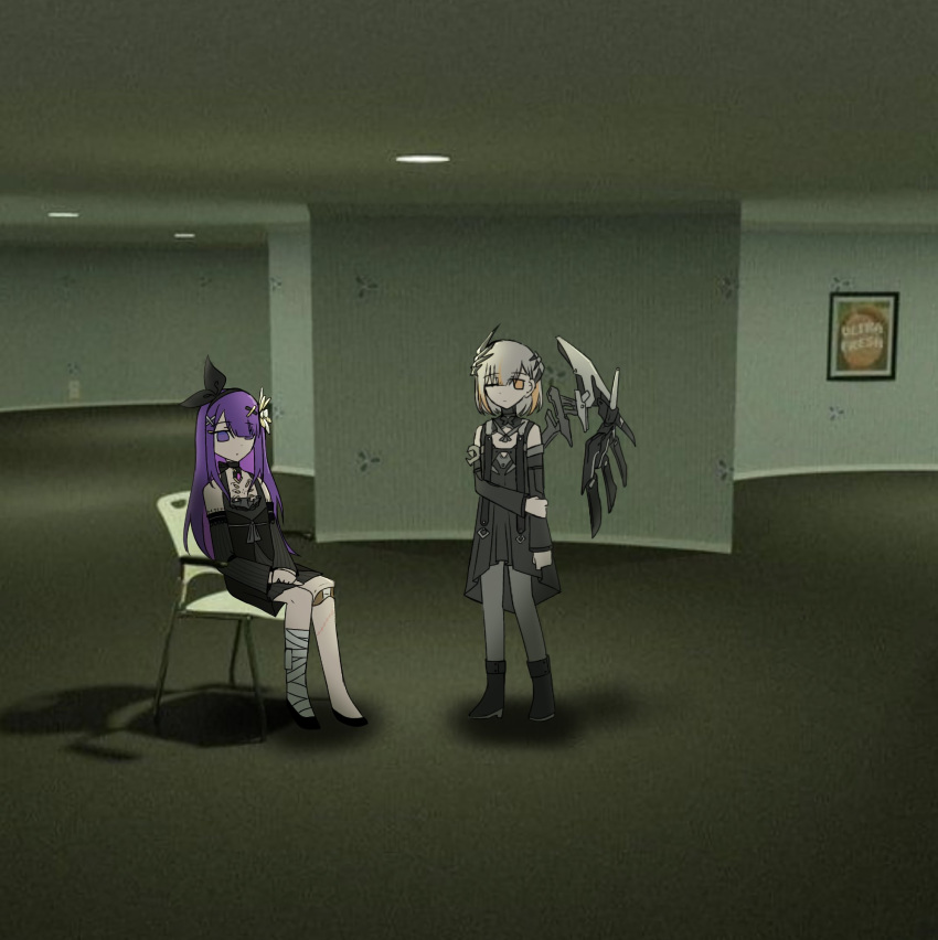 1boy, 1girl, bandaged_leg, bandages, black_bow, black_choker, black_dress, black_hairband