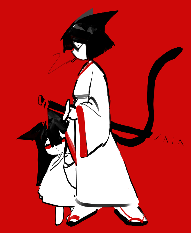 2girls, animal_ears, black_hair, bob_cut, cat_ears, cat_tail, cigarette, closed_eyes