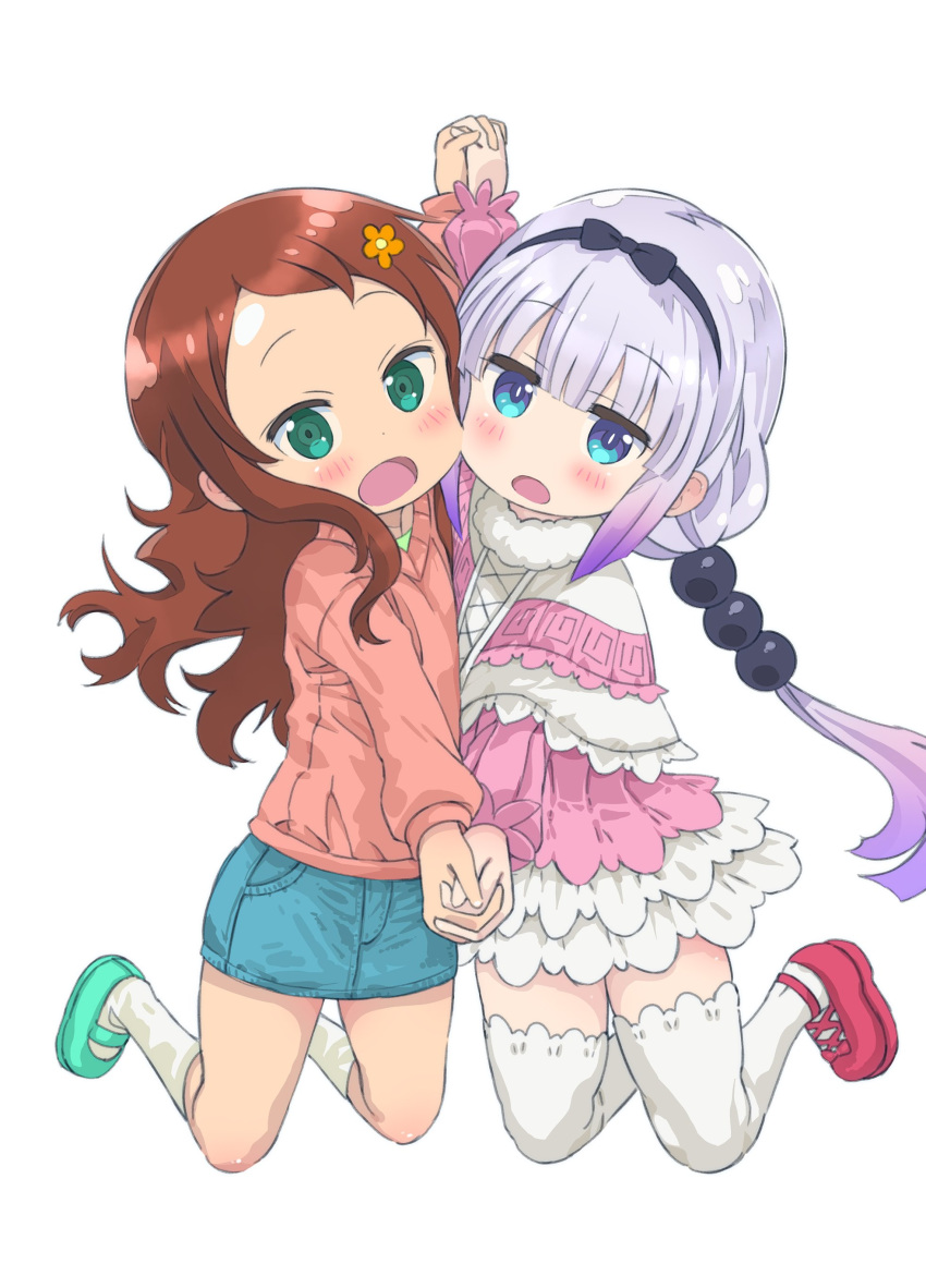 2girls, absurdres, beads, blue_eyes, blue_skirt, brown_eyes, denim_shirt, dress