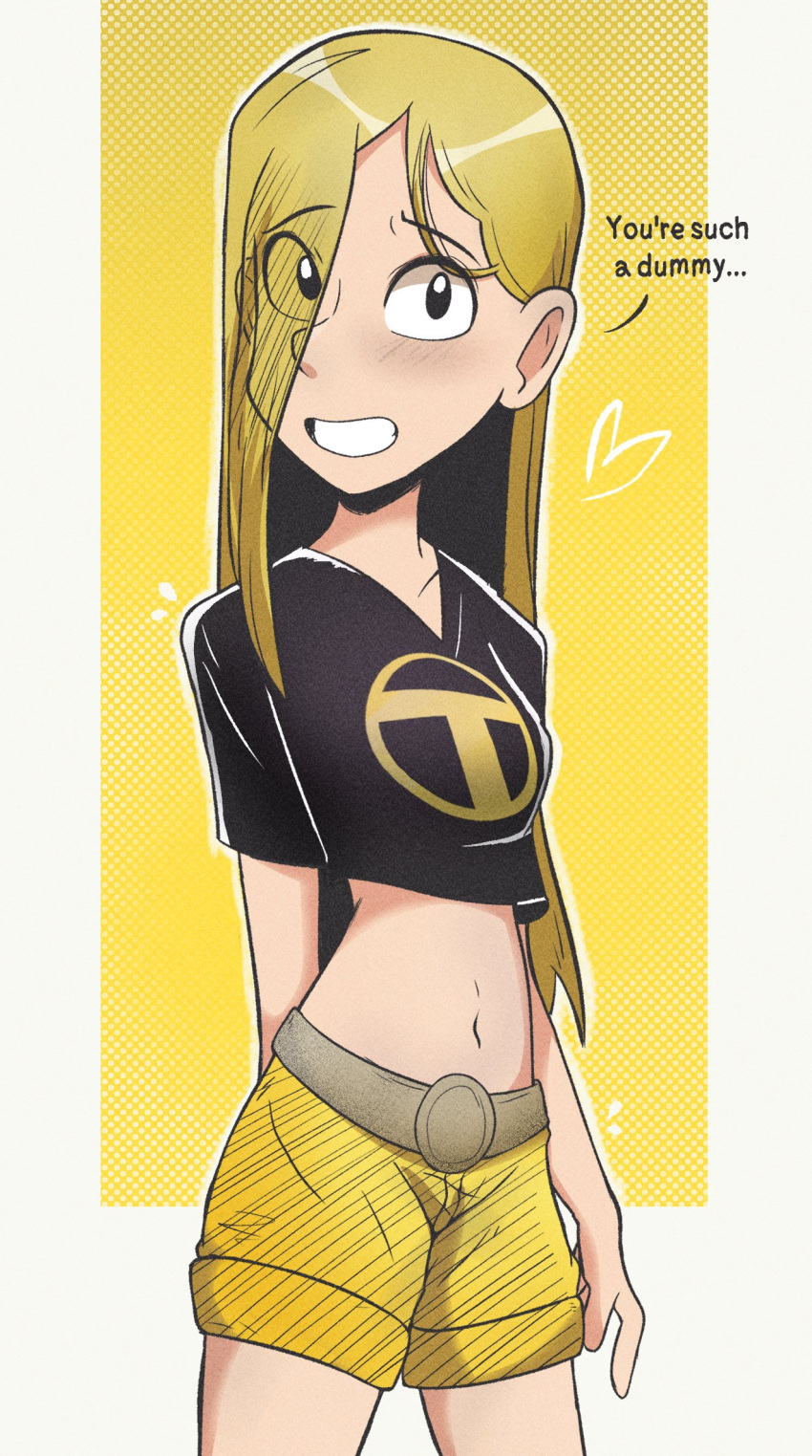 1girl, arm_at_side, black_eyes, black_shirt, blonde_hair, commentary, cowboy_shot, dc_comics