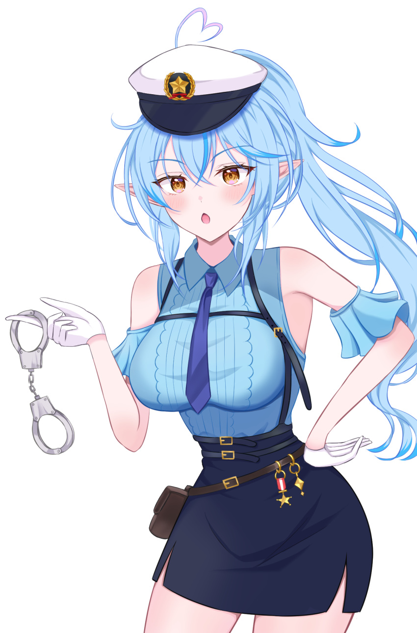 1girl, alternate_costume, arlonn, blue_hair, blue_necktie, blue_skirt, blush, breasts