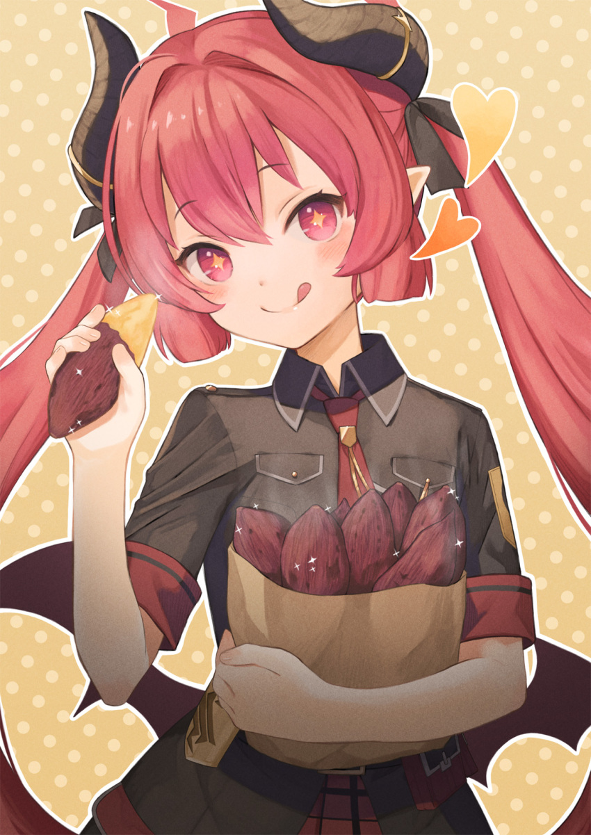 1girl, :q, black_horns, black_shirt, black_wings, blue_archive, blush, collared_shirt