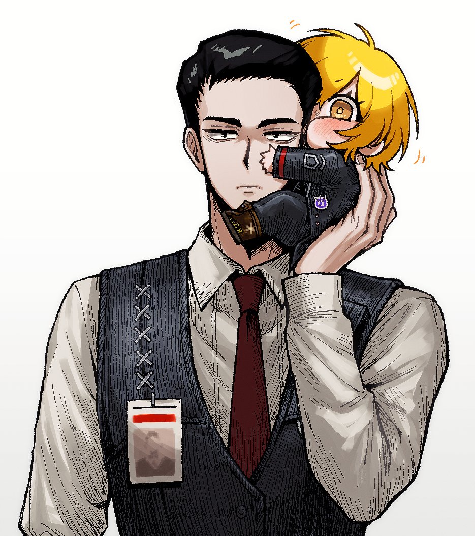1boy, 1girl, black_coat, black_eyes, black_hair, black_pants, black_vest, blonde_hair