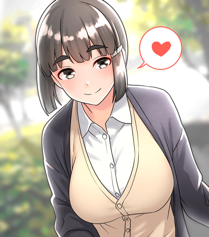 1girl, alternate_costume, black_hair, black_jacket, blurry, blurry_background, breasts, casual