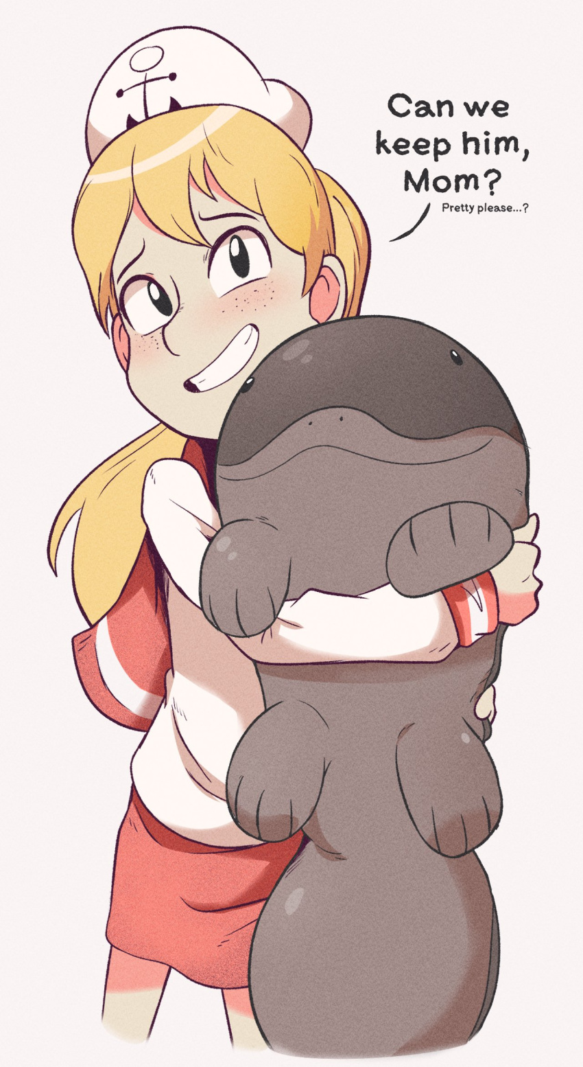1girl, :3, anchor_symbol, animal, black_eyes, blonde_hair, blush, clodsire, closed_mouth, commentary, cropped_legs, cropped_tail, cutie_(yohocutie), english_commentary, english_text, hat, highres, holding, holding_animal, long_hair, looking_at_viewer, open_mouth, original, pink_skirt, pokemon, shirt, simple_background, skirt, smile, solo, white_background, white_hat, white_shirt, yohocutie