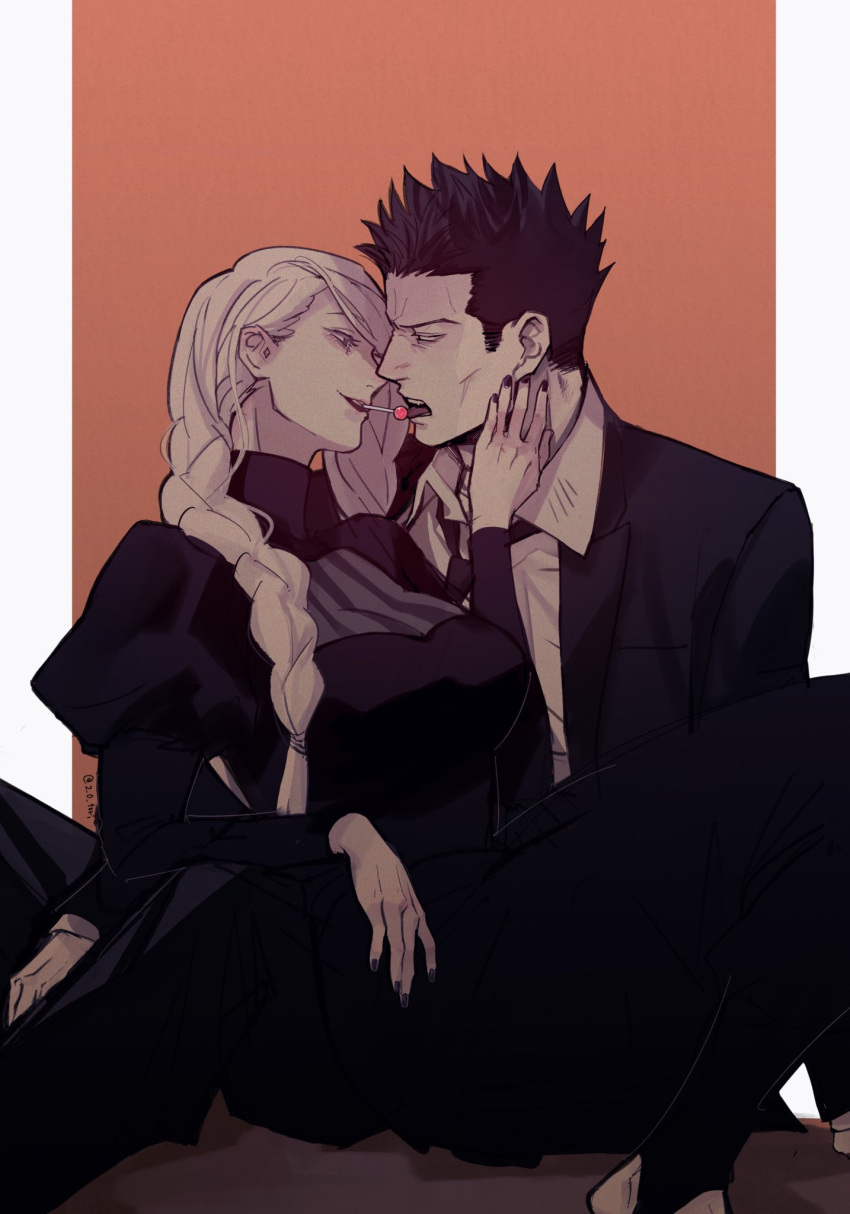 1boy, 1girl, 2_o_tori, black_dress, black_hair, black_nails, black_necktie, black_suit