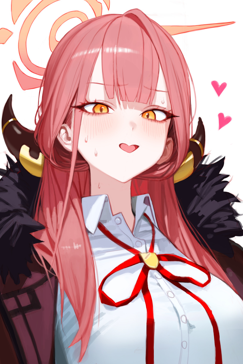 1girl, absurdres, aru_(blue_archive), blue_archive, blush, coat, coat_on_shoulders, demon_horns, fur-trimmed_coat, fur_trim, halo, heart, highres, horns, long_hair, looking_at_viewer, neck_ribbon, nervous_smile, nervous_sweating, pink_hair, red_ribbon, ribbon, shirt, simple_background, simsimhea, smile, solo, sweat, sweatdrop, upper_body, white_background, white_shirt