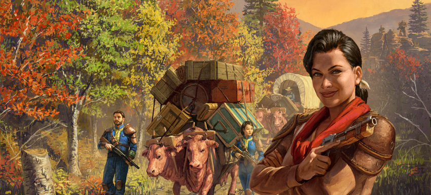 1boy, 2girls, armor, black_hair, brahmin, day, fallout_(series), fallout_76, gun, highres, holding, holding_gun, holding_weapon, leather_armor, looking_at_viewer, multiple_girls, official_art, outdoors, short_hair, tree, vault_suit, wagon, weapon