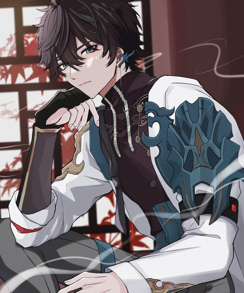 1boy, absurdres, aqua_eyes, aqua_sash, armor, black_gloves, black_hair, black_shirt