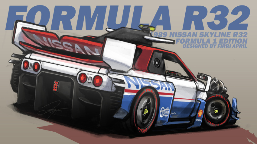 absurdres, artist_name, car, english_commentary, firri_april, from_behind, grey_background, highres