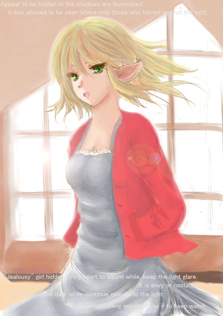 alternate_outfit, blonde_hair, green_eyes, kori-k, parsee_mizuhashi, pointed_ears, red_dress, solo, touhou