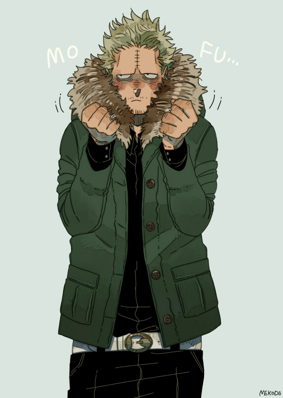 1boy, bags_under_eyes, belt, black_pants, black_shirt, blonde_hair, blush, boku_no_hero_academia, facial_hair, fur-trimmed_jacket, fur_trim, green_jacket, hood, hooded_jacket, jacket, long_sleeves, looking_to_the_side, male_focus, nekodou_(yukatin1000), pants, sanpaku, scar, scar_on_face, scar_on_forehead, shirt, short_hair, simple_background, solo, stubble, twice_(boku_no_hero_academia), white_belt
