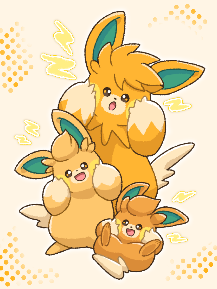 :o, bright_pupils, brown_eyes, commentary_request, evolutionary_line, lightning_bolt_symbol, looking_at_viewer, momoyuu1009, no_humans, open_mouth, pawmi, pawmo, pawmot, pokemon, pokemon_(creature), white_pupils