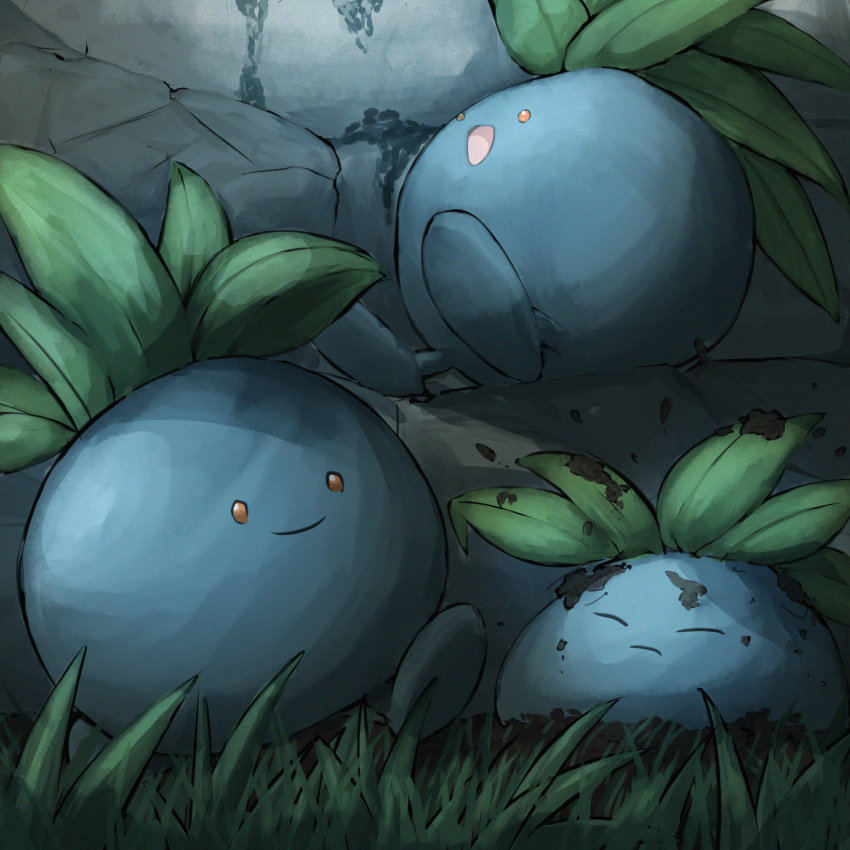 :d, absurdres, closed_mouth, commentary_request, grass, highres, looking_up, no_humans, oddish, open_mouth, pokemon, pokemon_(creature), smile, soil, spicyichizo, walking