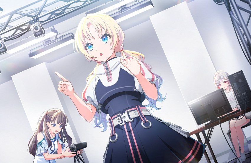 3girls, :d, :o, adjusting_camera, black_jacket, black_shirt, black_shorts, black_skirt