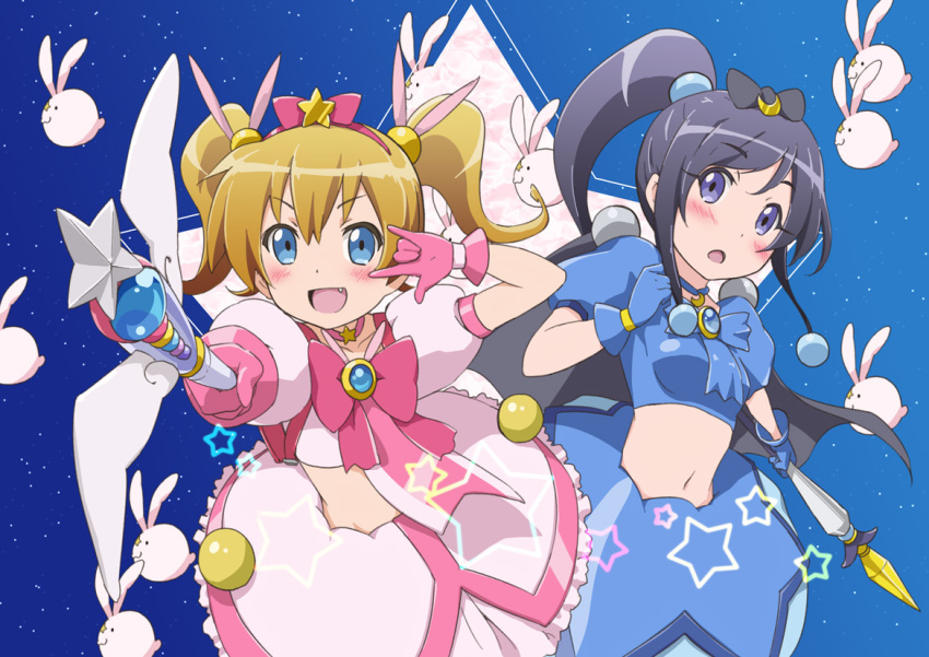 2girls, \m/, alpha_omega, alpha_omega_(cosplay), aragaki_ayase, blue_eyes, blue_hair, blush, bow, brown_hair, choker, comet-kun, cosplay, crescent, crop_top, errant, fang, frills, gloves, hair_bow, hair_ornament, hairband, hoshikuzu_witch_meruru, kousaka_kirino, long_hair, magical_girl, meruru_(oreimo), meruru_(oreimo)_(cosplay), midriff, multiple_girls, navel, open_mouth, orange_hair, ore_no_imouto_ga_konna_ni_kawaii_wake_ga_nai, ponytail, short_twintails, skirt, star, twintails, wand