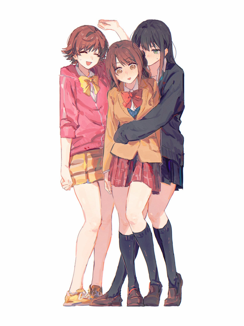 3girls, @_@, ^_^, absurdres, bare_legs, black_cardigan, black_hair, black_socks