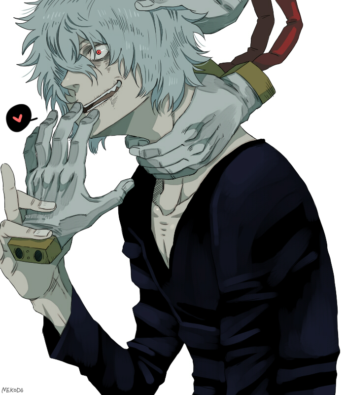 1boy, black_shirt, boku_no_hero_academia, collarbone, disembodied_hand, grey_hair, hair_between_eyes, heart, long_sleeves, looking_at_viewer, male_focus, nekodou_(yukatin1000), open_mouth, red_eyes, shigaraki_tomura, shirt, short_hair, simple_background, smile, solo, spoken_heart, strangling, white_background, white_hair, wrinkled_skin