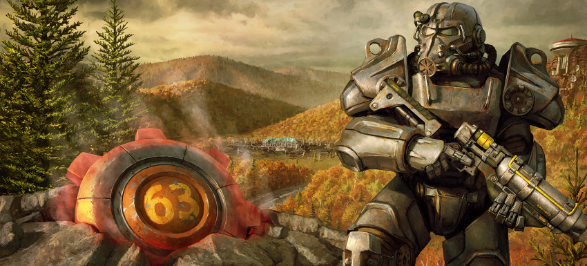 1boy, armor, day, fallout_(series), fallout_76, grey_sky, gun, highres