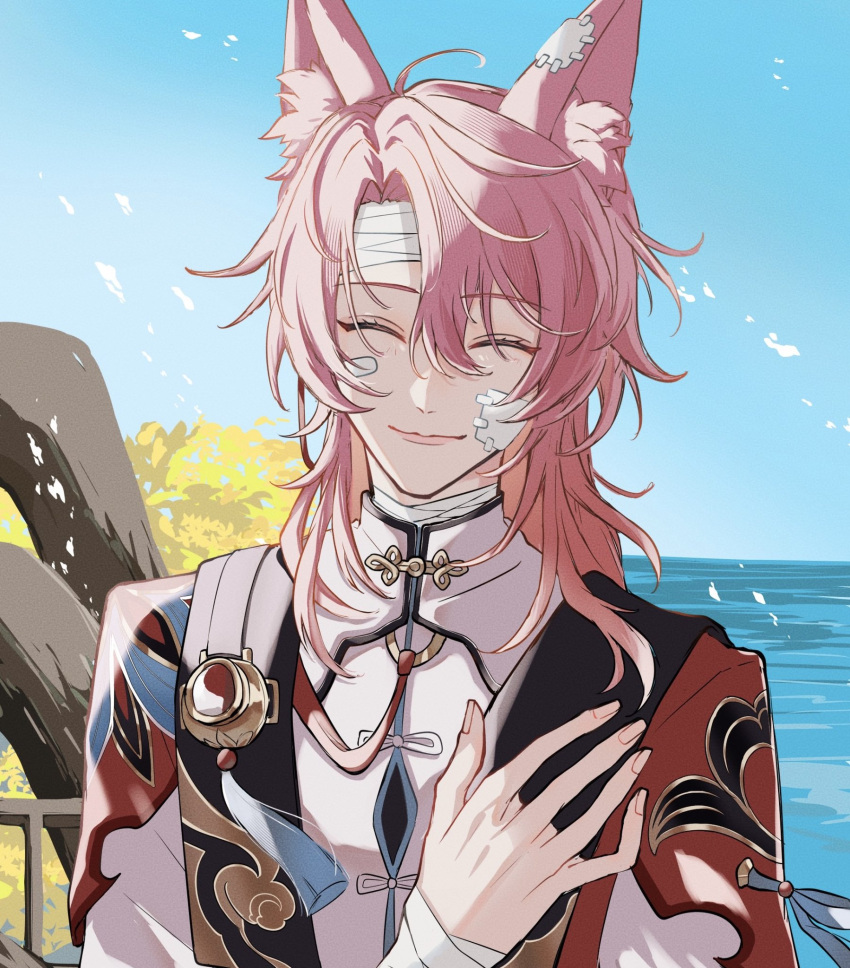 1boy, ^_^, ahoge, animal_ear_fluff, animal_ears, bandaged_arm, bandaged_head, bandaged_neck