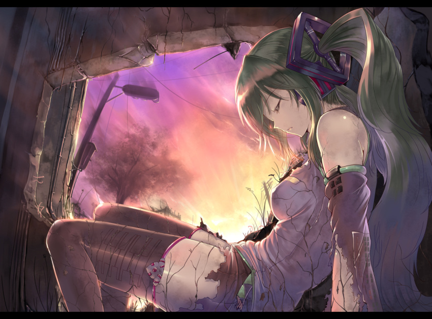 artist_request, closed_eyes, crack, cracks, detached_sleeves, eyes_closed, green_hair, hatsune_miku