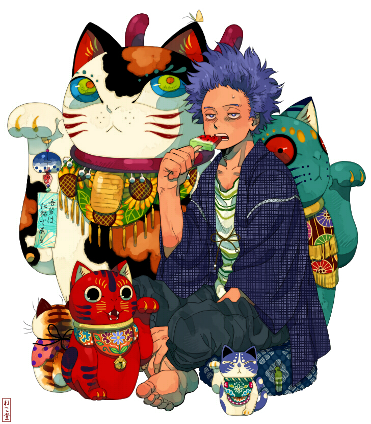 1boy, bags_under_eyes, barefoot, black_pants, boku_no_hero_academia, bright_pupils, eating, food