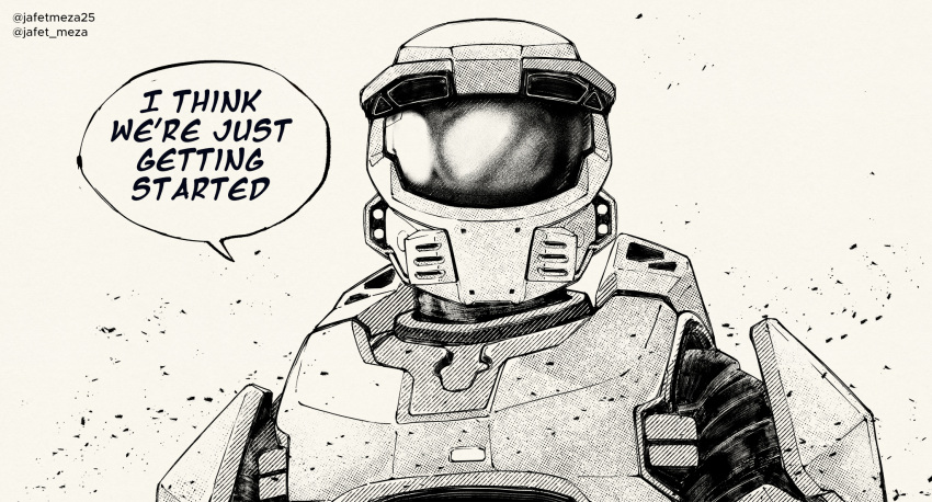 1boy, armor, assault_visor, commentary, english_commentary, english_text, greyscale, halo:_combat_evolved